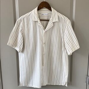 Zara Men's Cream Striped Button Down Cotton Shirt